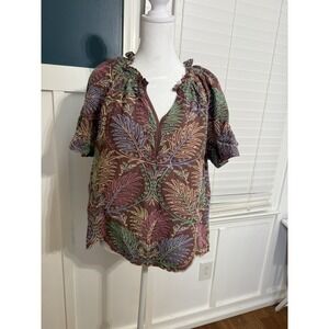 Democracy Embroidered Brown Multicolor Ruffle Sleeve V-Neck Blouse L